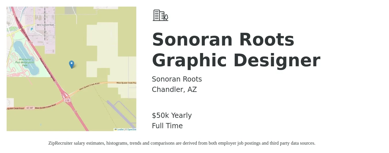 Sonoran Roots job posting for a Sonoran Roots Graphic Designer in Chandler, AZ with a salary of $50,000 to $60,000 Yearly with a map of Chandler location.
