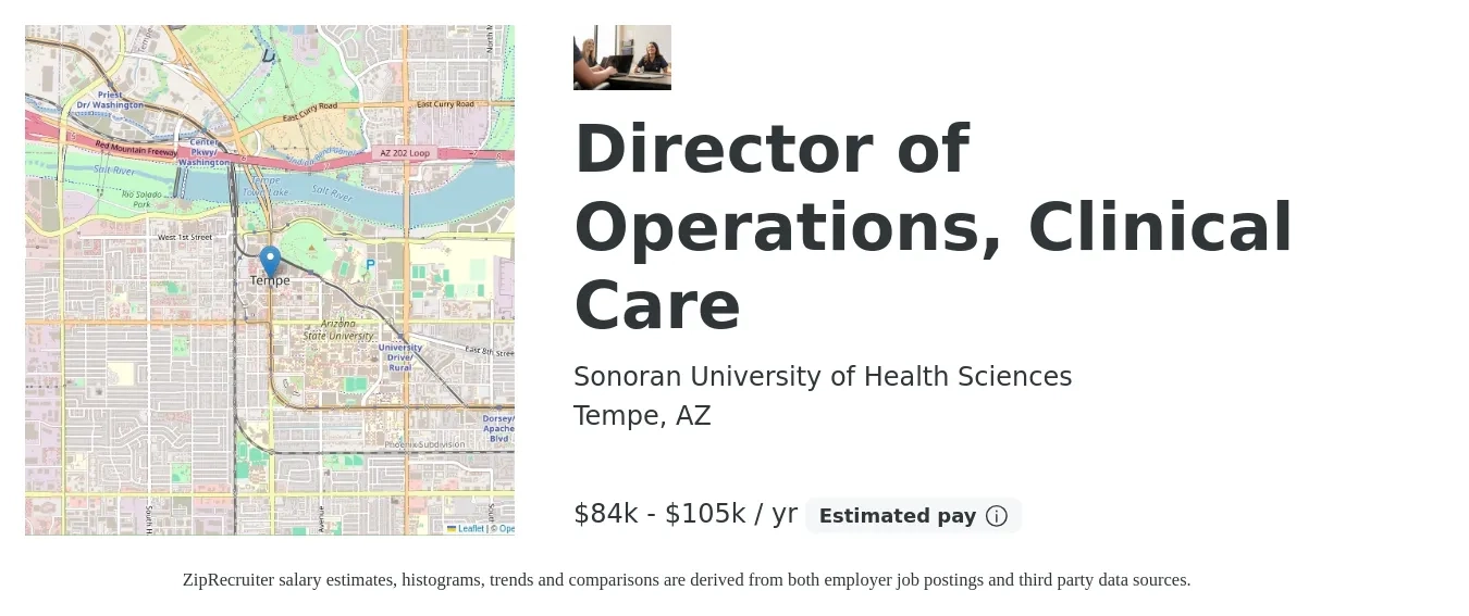 Sonoran University of Health Sciences job posting for a Director of Operations, Clinical Care in Tempe, AZ with a salary of $84,000 to $105,000 Yearly with a map of Tempe location.