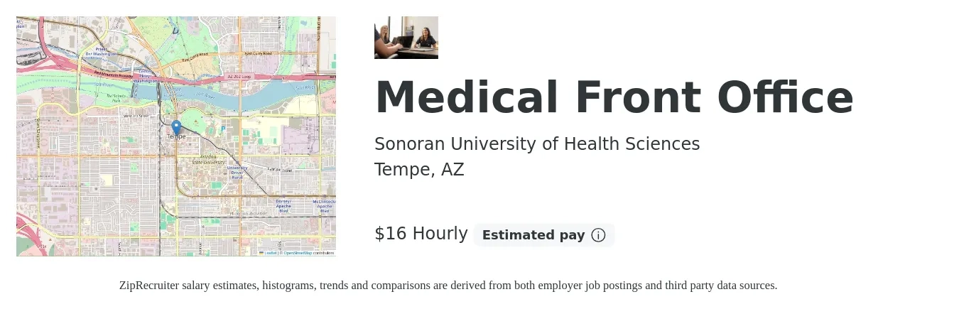 Sonoran University of Health Sciences job posting for a Medical Front Office in Tempe, AZ with a salary of $15 to $19 Hourly with a map of Tempe location.