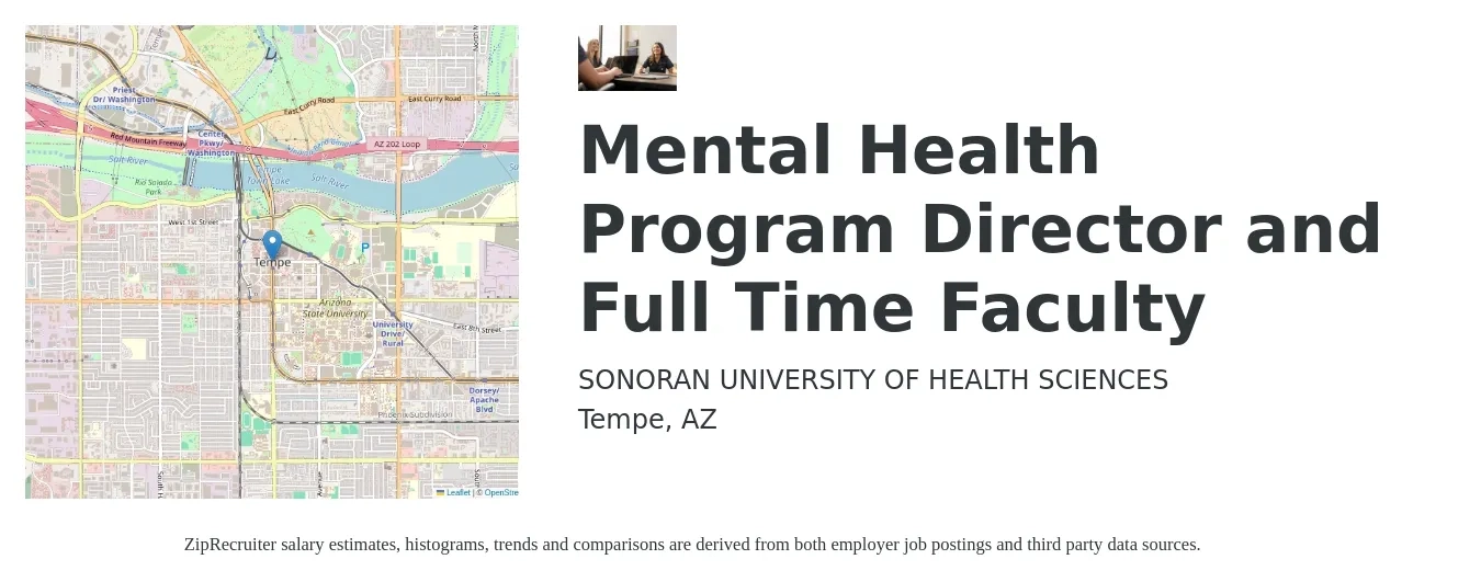 SONORAN UNIVERSITY OF HEALTH SCIENCES job posting for a Mental Health Program Director and Full Time Faculty in Tempe, AZ with a salary of $58,300 to $117,600 Yearly with a map of Tempe location.