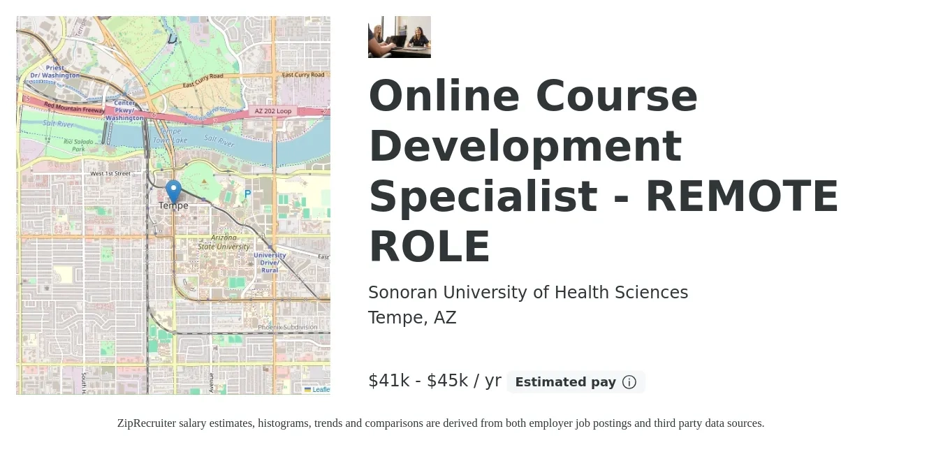 Sonoran University of Health Sciences job posting for a Online Course Development Specialist - REMOTE ROLE in Tempe, AZ with a salary of $41,600 to $45,760 Yearly with a map of Tempe location.