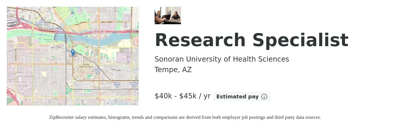 Sonoran University of Health Sciences job posting for a Research Specialist in Tempe, AZ with a salary of $40,000 to $45,000 Yearly with a map of Tempe location.