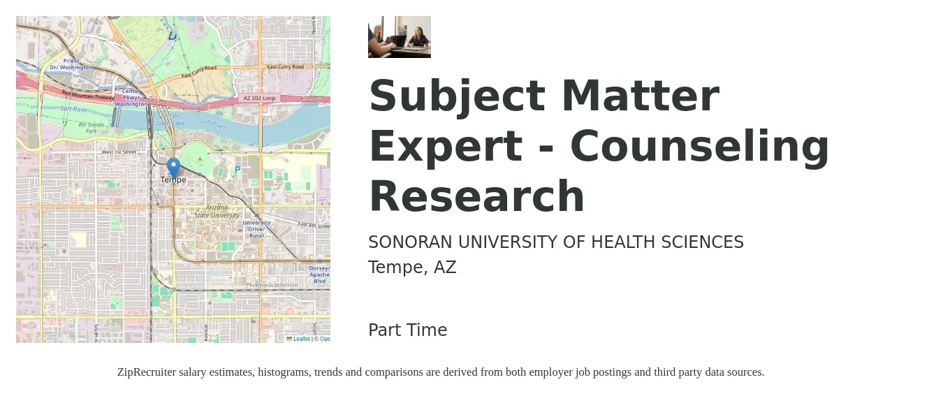SONORAN UNIVERSITY OF HEALTH SCIENCES job posting for a Subject Matter Expert - Counseling Research in Tempe, AZ with a salary of $54,900 to $108,800 Yearly with a map of Tempe location.