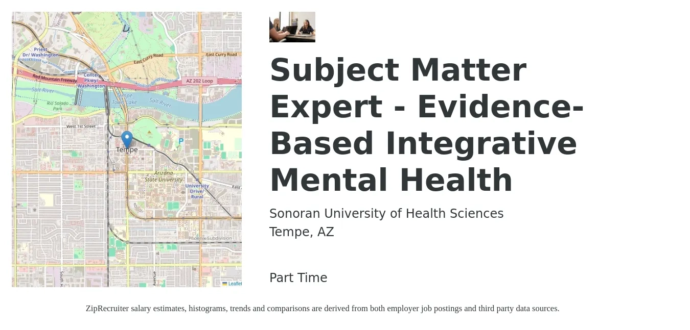 Sonoran University of Health Sciences job posting for a Subject Matter Expert - Evidence-Based Integrative Mental Health in Tempe, AZ with a map of Tempe location.