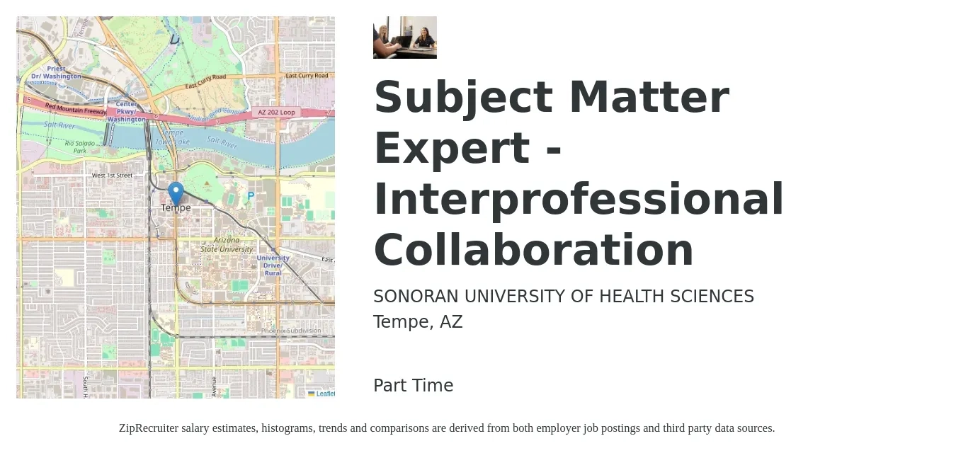 Sonoran University of Health Sciences job posting for a Subject Matter Expert - Interprofessional Collaboration in Tempe, AZ with a salary of $105,900 to $149,600 Yearly with a map of Tempe location.