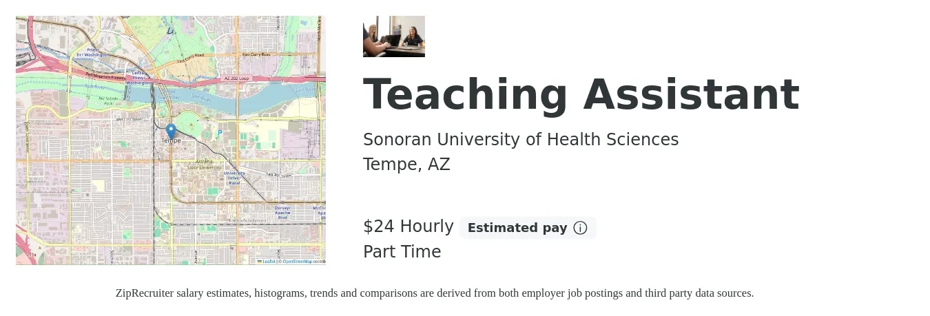 Sonoran University of Health Sciences job posting for a Teaching Assistant in Tempe, AZ with a salary of $25 Hourly with a map of Tempe location.