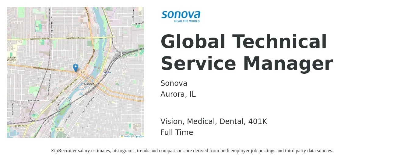 Sonova job posting for a Global Technical Service Manager in Aurora, IL with a salary of $115,000 to $115,500 Yearly and benefits including 401k, dental, life_insurance, medical, and vision with a map of Aurora location.