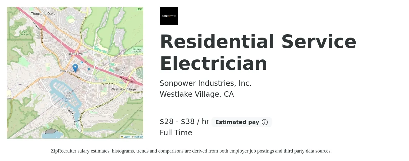 Sonpower Industries, Inc. job posting for a Residential Service Electrician in Westlake Village, CA with a salary of $30 to $40 Hourly (plus commission) and benefits including pto with a map of Westlake Village location.