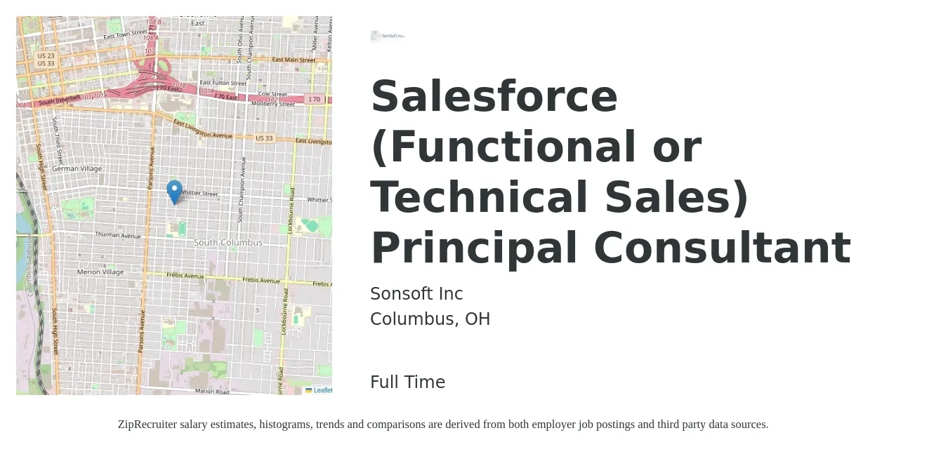 Sonsoft Inc job posting for a Salesforce (Functional or Technical Sales) Principal Consultant in Columbus, OH with a salary of $72,900 to $114,900 Yearly with a map of Columbus location.