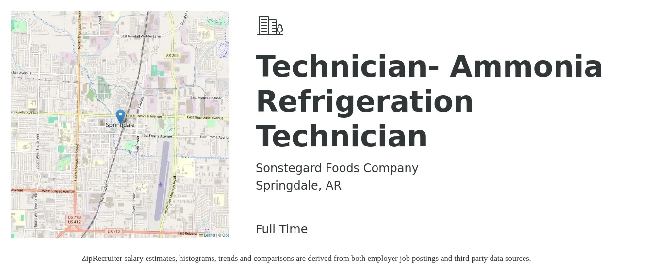 Sonstegard Foods Company job posting for a Technician- Ammonia Refrigeration Technician in Springdale, AR with a salary of $22 to $30 Hourly with a map of Springdale location.