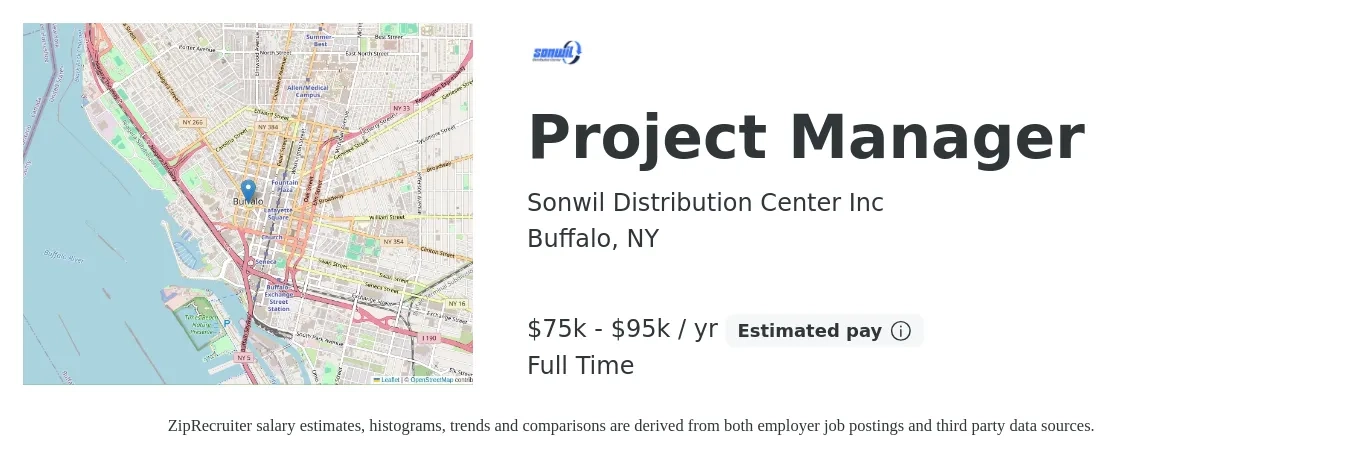 Sonwil Distribution Center Inc job posting for a Project Manager in Buffalo, NY with a salary of $75,000 to $95,000 Yearly with a map of Buffalo location.