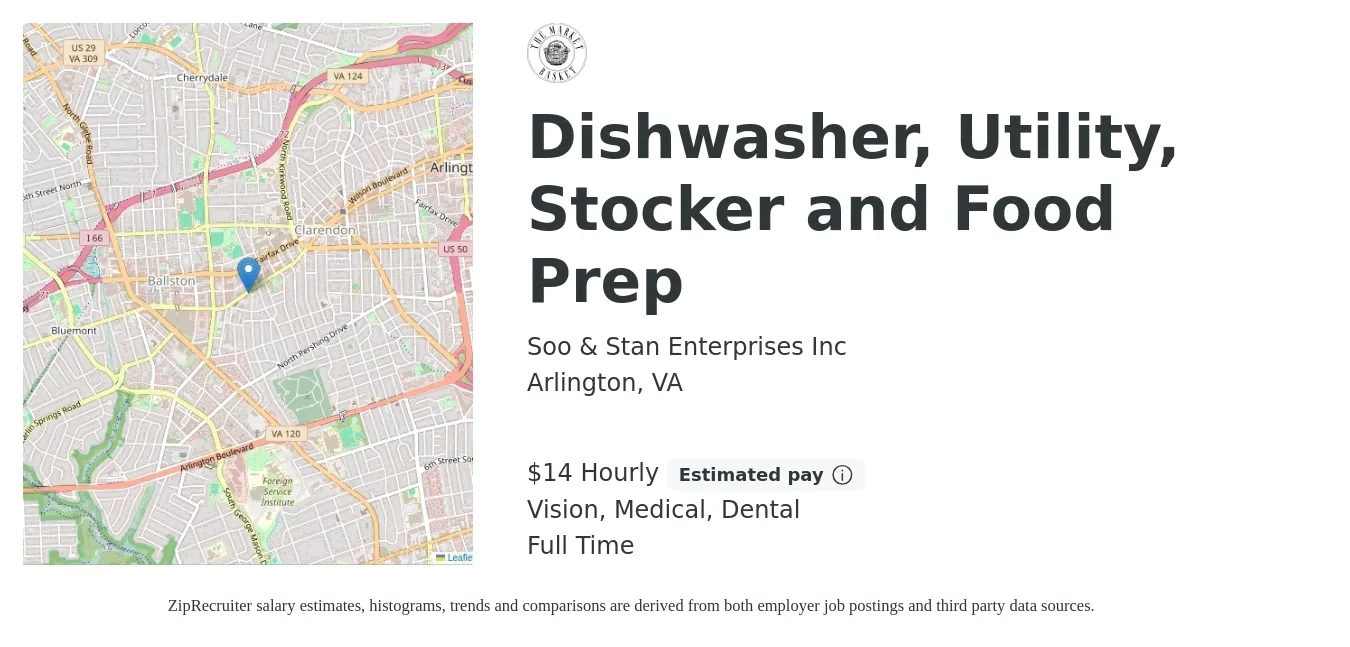 Soo & Stan Enterprises Inc job posting for a Dishwasher, Utility, Stocker and Food Prep in Arlington, VA with a salary of $15 Hourly and benefits including medical, vision, and dental with a map of Arlington location.