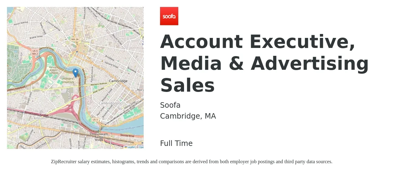 Soofa job posting for a Account Executive, Media & Advertising Sales in Cambridge, MA with a salary of $58,500 to $91,800 Yearly with a map of Cambridge location.