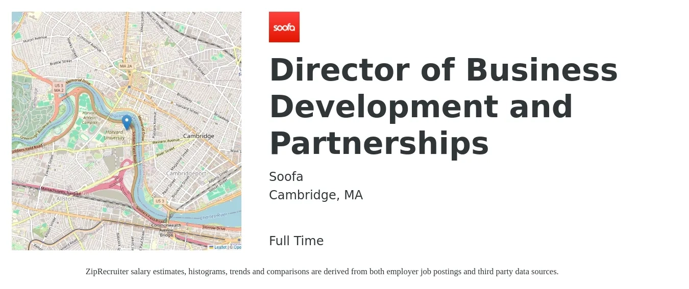 Soofa job posting for a Director of Business Development and Partnerships in Cambridge, MA with a salary of $102,200 to $165,600 Yearly with a map of Cambridge location.