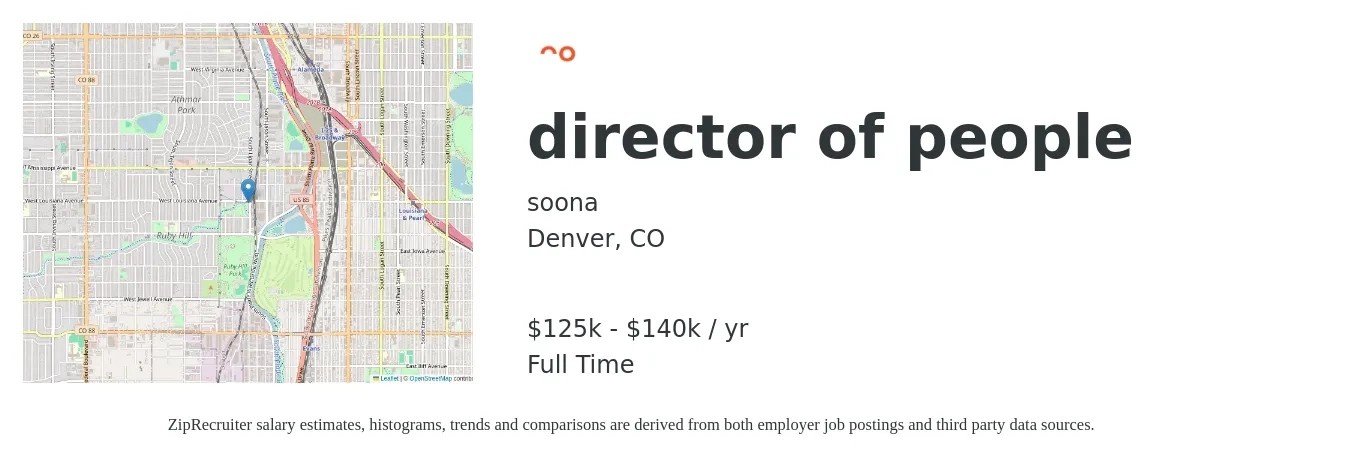 soona job posting for a director of people in Denver, CO with a salary of $125,000 to $140,000 Yearly with a map of Denver location.