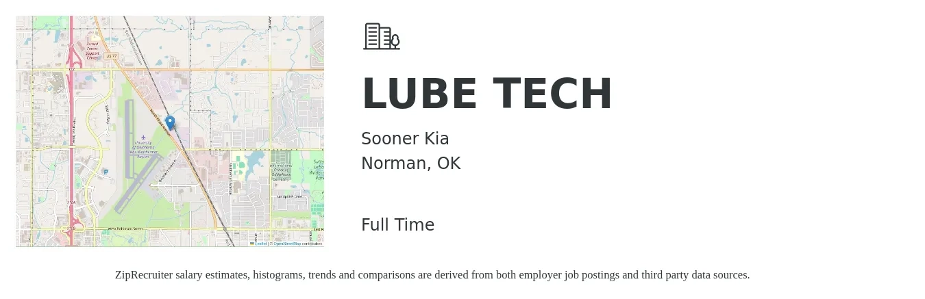 Sooner Kia job posting for a LUBE TECH in Norman, OK with a salary of $12 to $17 Hourly with a map of Norman location.
