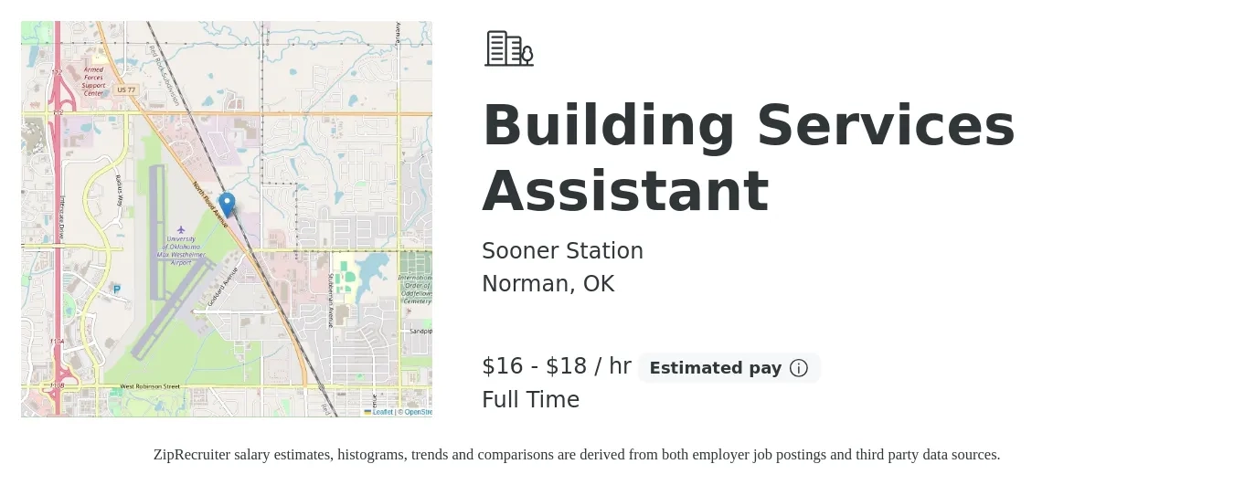 Sooner Station job posting for a Building Services Assistant in Norman, OK with a salary of $17 to $19 Hourly with a map of Norman location.
