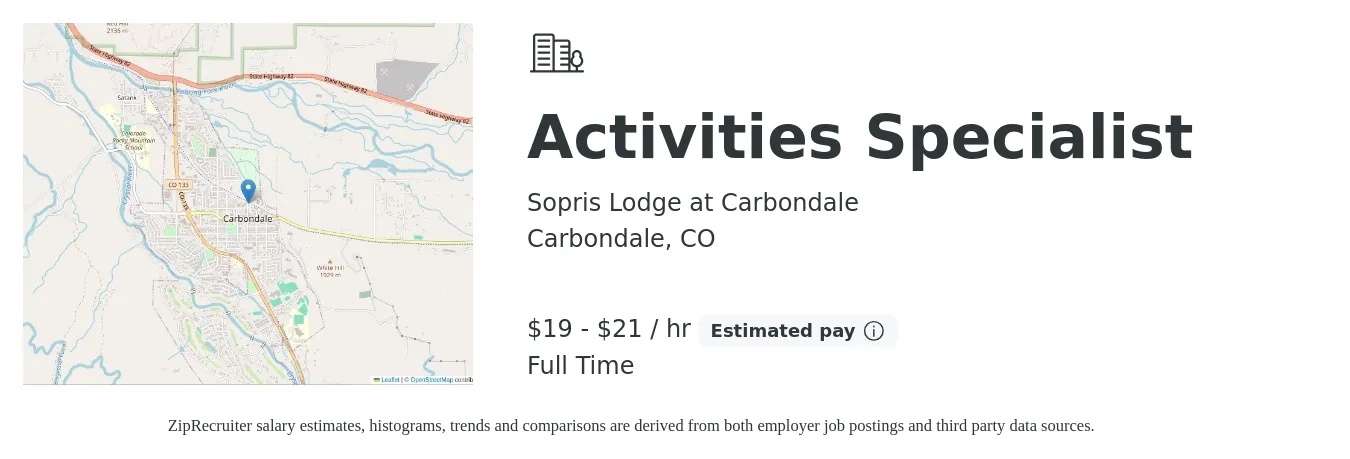 Sopris Lodge at Carbondale job posting for a Activities Specialist in Carbondale, CO with a salary of $20 to $22 Hourly with a map of Carbondale location.