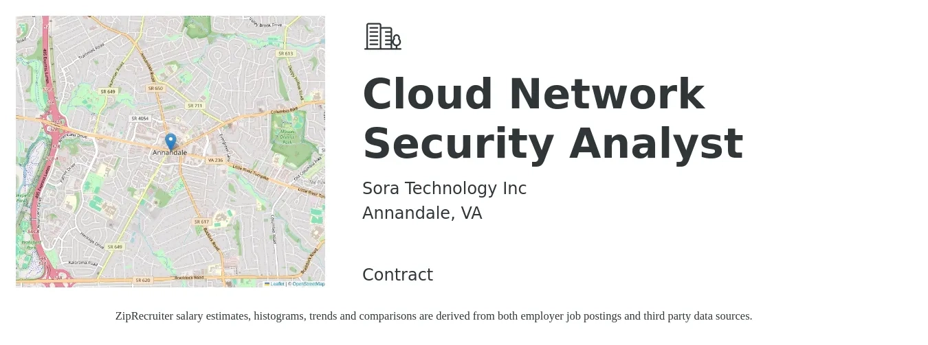 Sora Technology Inc job posting for a Cloud Network Security Analyst in Annandale, VA with a salary of $44 to $82 Hourly with a map of Annandale location.