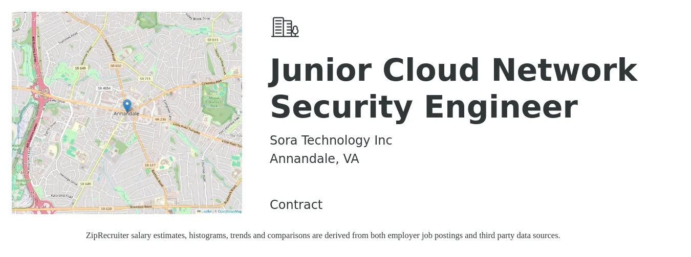 Sora Technology Inc job posting for a Junior Cloud Network Security Engineer in Annandale, VA with a salary of $51,200 to $76,600 Yearly with a map of Annandale location.