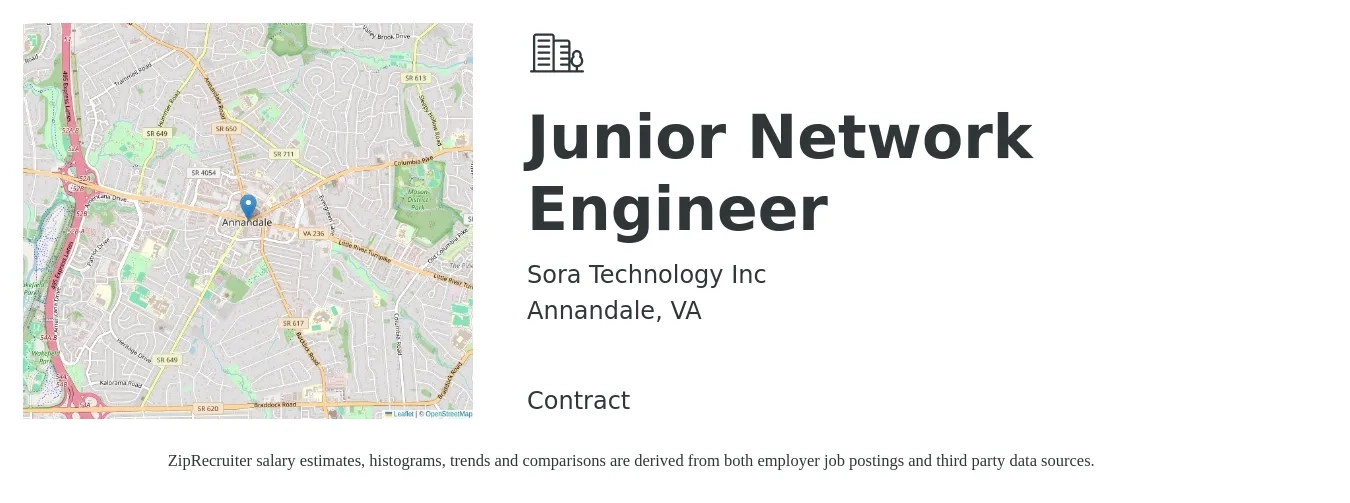 Sora Technology Inc job posting for a Junior Network Engineer in Annandale, VA with a salary of $51,200 to $76,600 Yearly with a map of Annandale location.