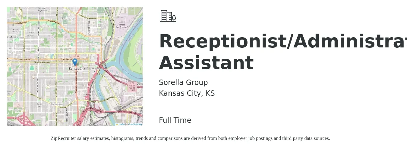Sorella Group job posting for a Receptionist/Administrative Assistant in Kansas City, KS with a salary of $18 to $20 Hourly with a map of Kansas City location.