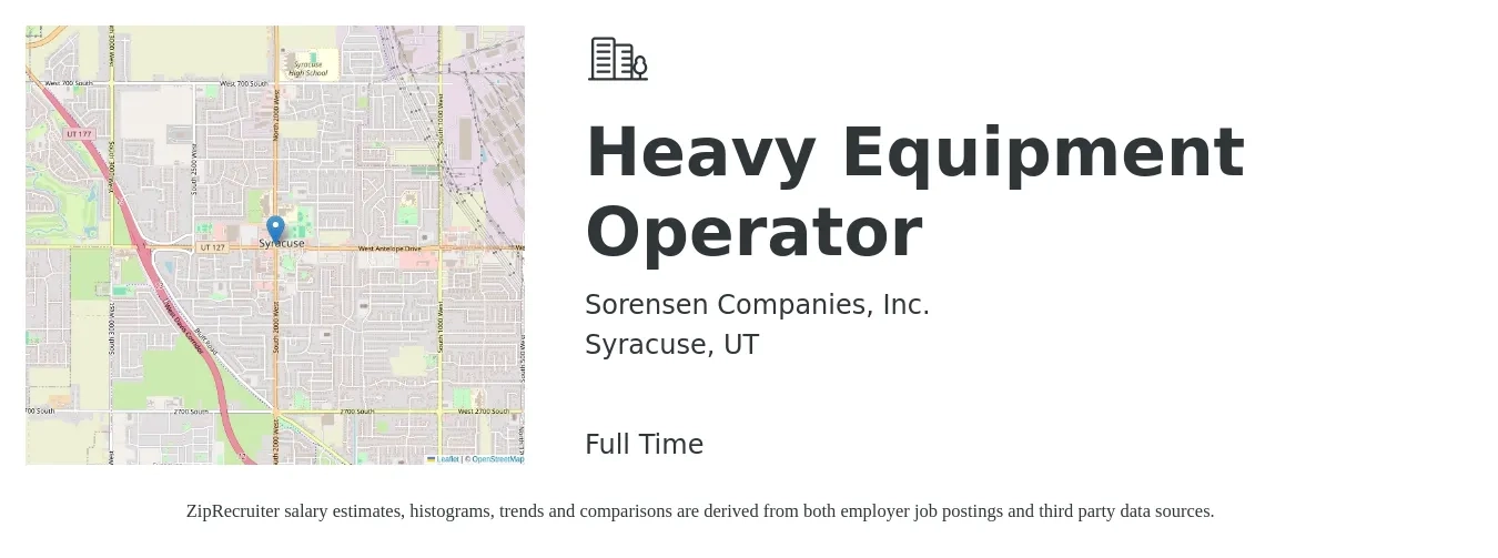 Sorensen Companies, Inc. job posting for a Heavy Equipment Operator in Syracuse, UT with a salary of $19 to $26 Hourly with a map of Syracuse location.