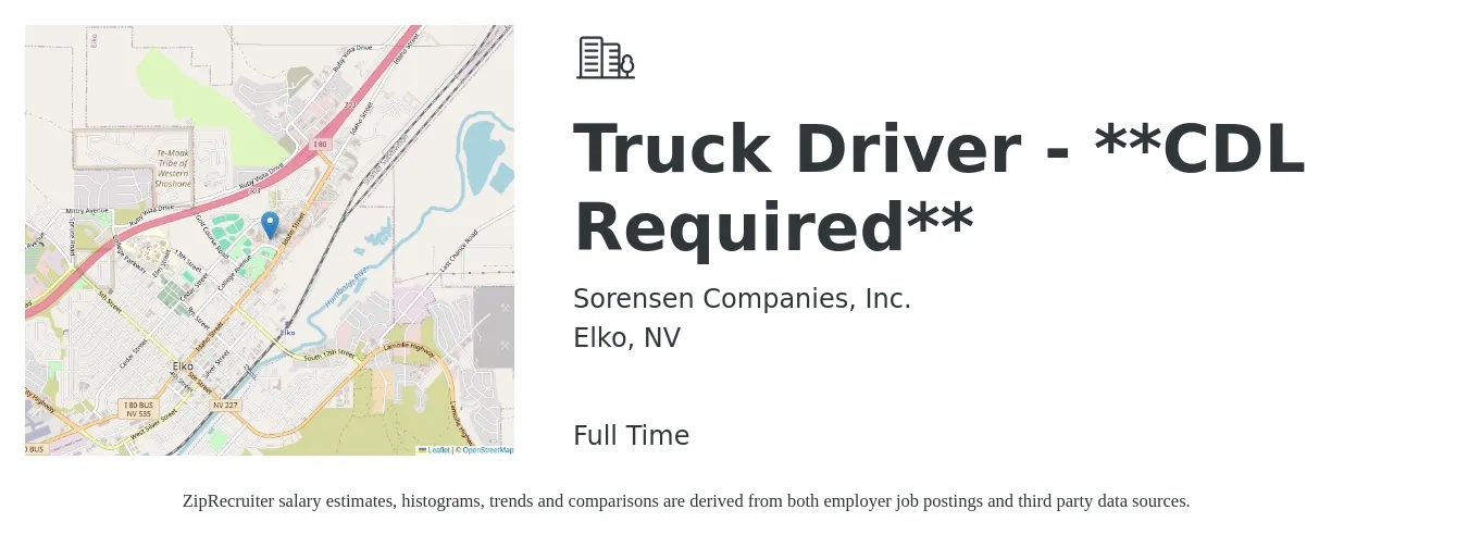Sorensen Companies, Inc. job posting for a Truck Driver - **CDL Required** in Elko, NV with a salary of $1,160 to $1,670 Weekly with a map of Elko location.