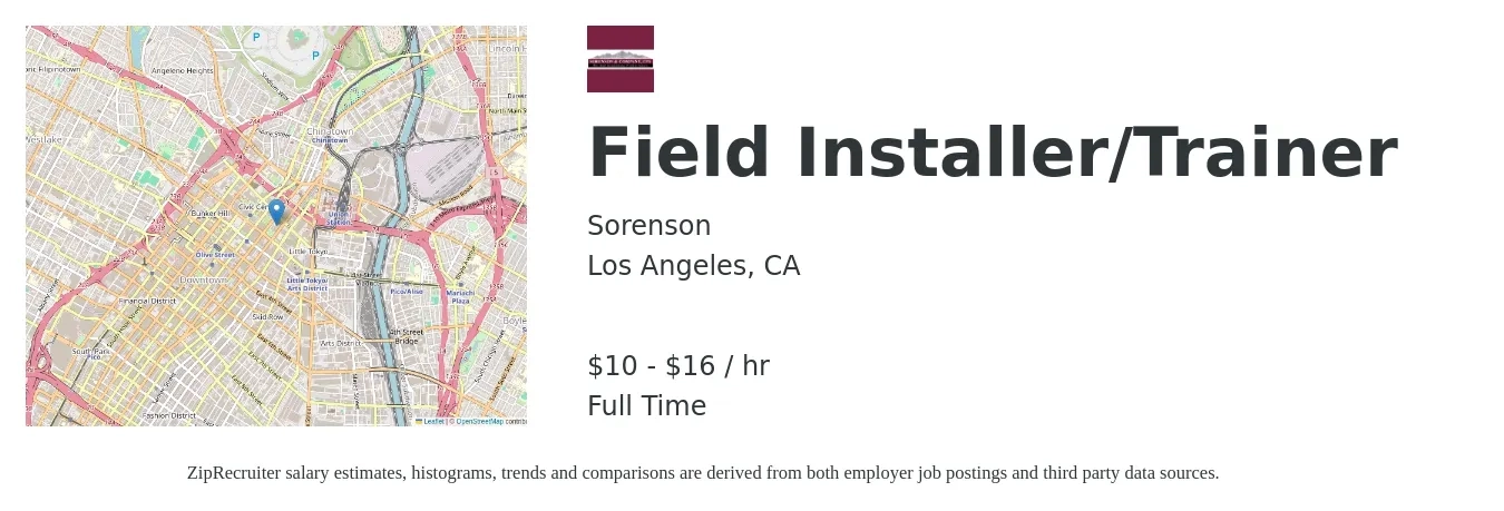 Sorenson job posting for a Field Installer/Trainer in Los Angeles, CA with a salary of $11 to $17 Hourly with a map of Los Angeles location.