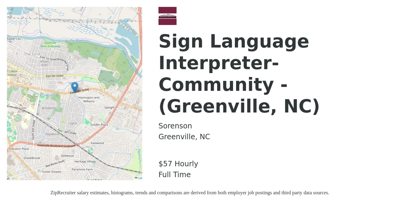 Sorenson job posting for a Sign Language Interpreter- Community - Greenville, NC in Greenville, NC with a salary of $60 Hourly with a map of Greenville location.