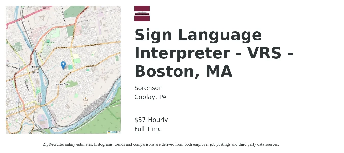 Sorenson job posting for a Sign Language Interpreter - VRS - Boston, MA in Coplay, PA with a salary of $60 Hourly with a map of Coplay location.