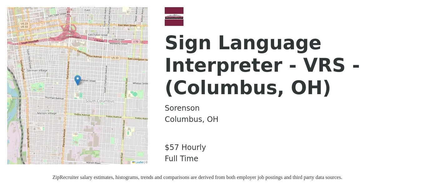 Sorenson job posting for a Sign Language Interpreter - VRS - Columbus, OH in Columbus, OH with a salary of $60 Hourly with a map of Columbus location.
