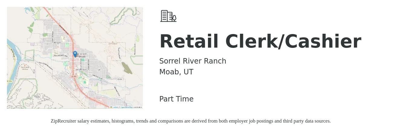 Sorrel River Ranch job posting for a Retail Clerk/Cashier in Moab, UT with a salary of $14 to $18 Hourly with a map of Moab location.