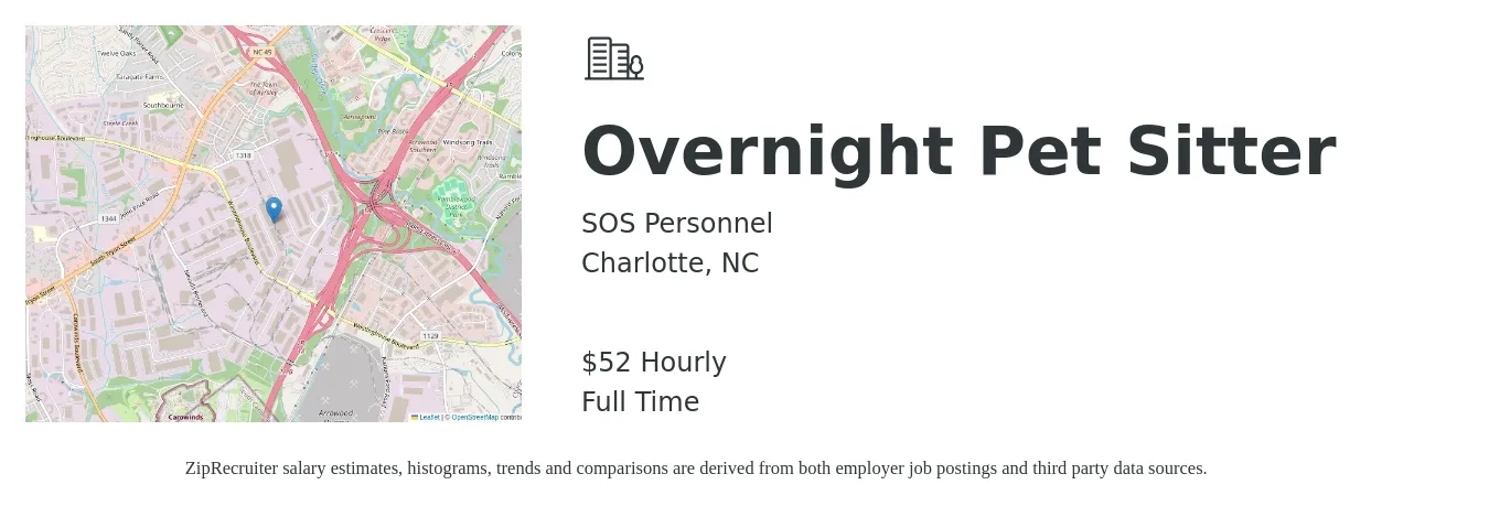 SOS Personnel job posting for a Overnight Pet Sitter in Charlotte, NC with a salary of $55 Daily with a map of Charlotte location.