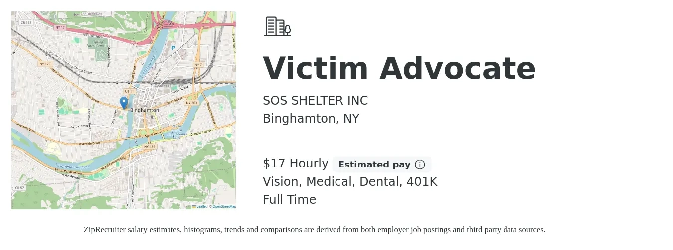 SOS SHELTER INC job posting for a Victim Advocate in Binghamton, NY with a salary of $18 Hourly and benefits including 401k, dental, medical, and vision with a map of Binghamton location.