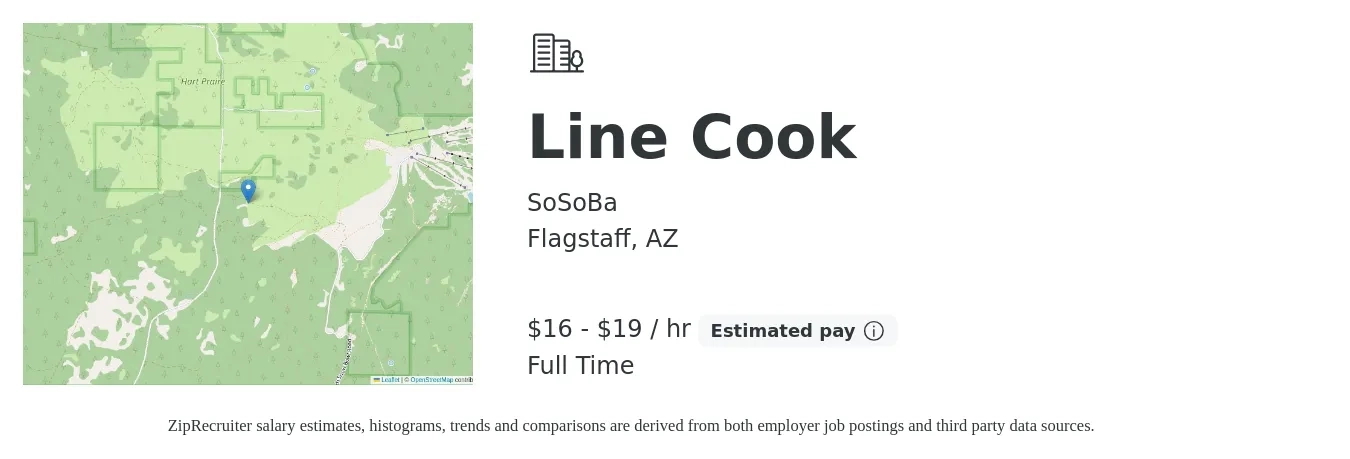 SoSoBa job posting for a Line Cook in Flagstaff, AZ with a salary of $17 to $20 Hourly with a map of Flagstaff location.
