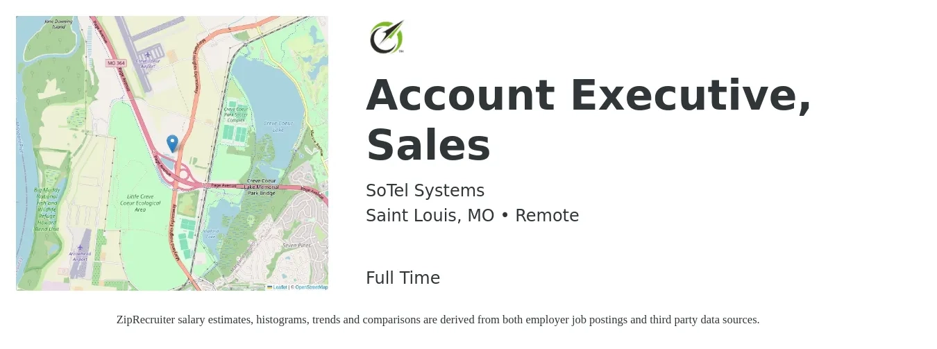 SoTel Systems job posting for a Account Executive, Sales in Saint Louis, MO with a salary of $48,700 to $76,500 Yearly with a map of Saint Louis location.
