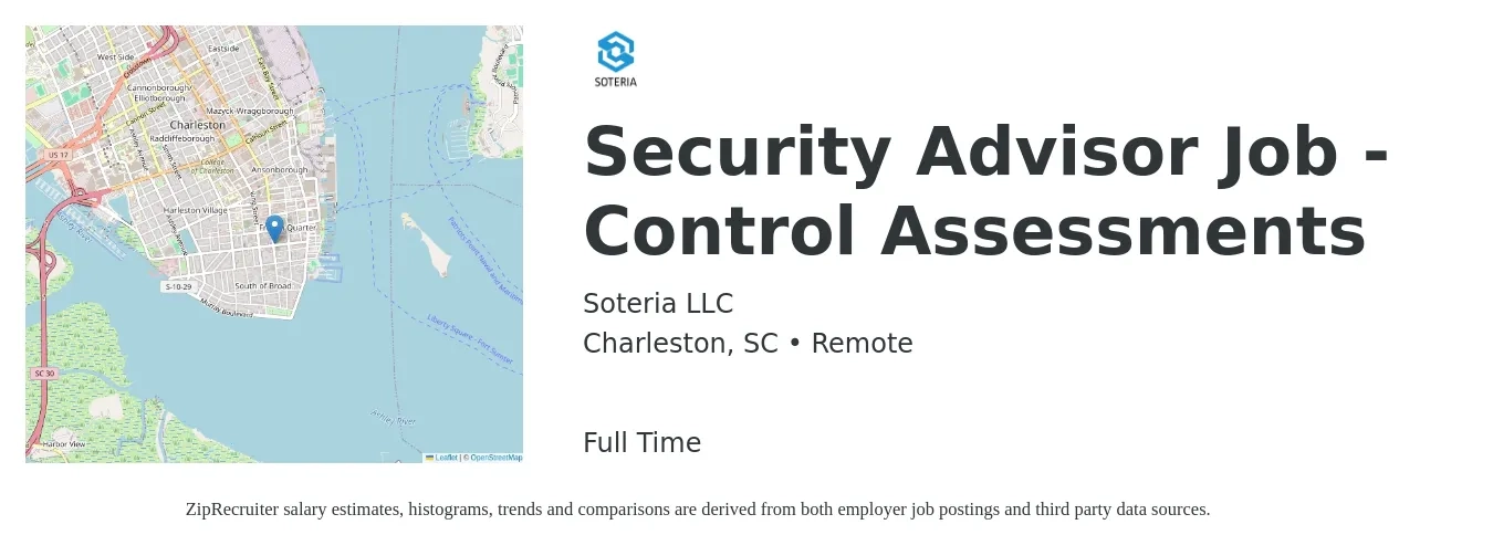 Soteria LLC job posting for a Security Advisor Job - Control Assessments in Charleston, SC with a salary of $19 to $31 Hourly with a map of Charleston location.