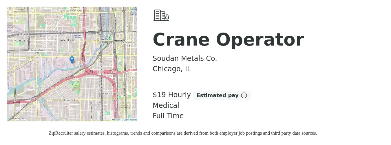 Soudan Metals Co. job posting for a Crane Operator in Chicago, IL with a salary of $20 Hourly and benefits including pto, and medical with a map of Chicago location.