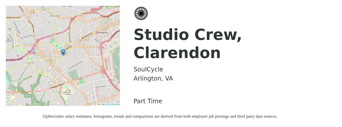 SoulCycle job posting for a Studio Crew, Clarendon in Arlington, VA with a salary of $48,300 to $69,000 Yearly with a map of Arlington location.