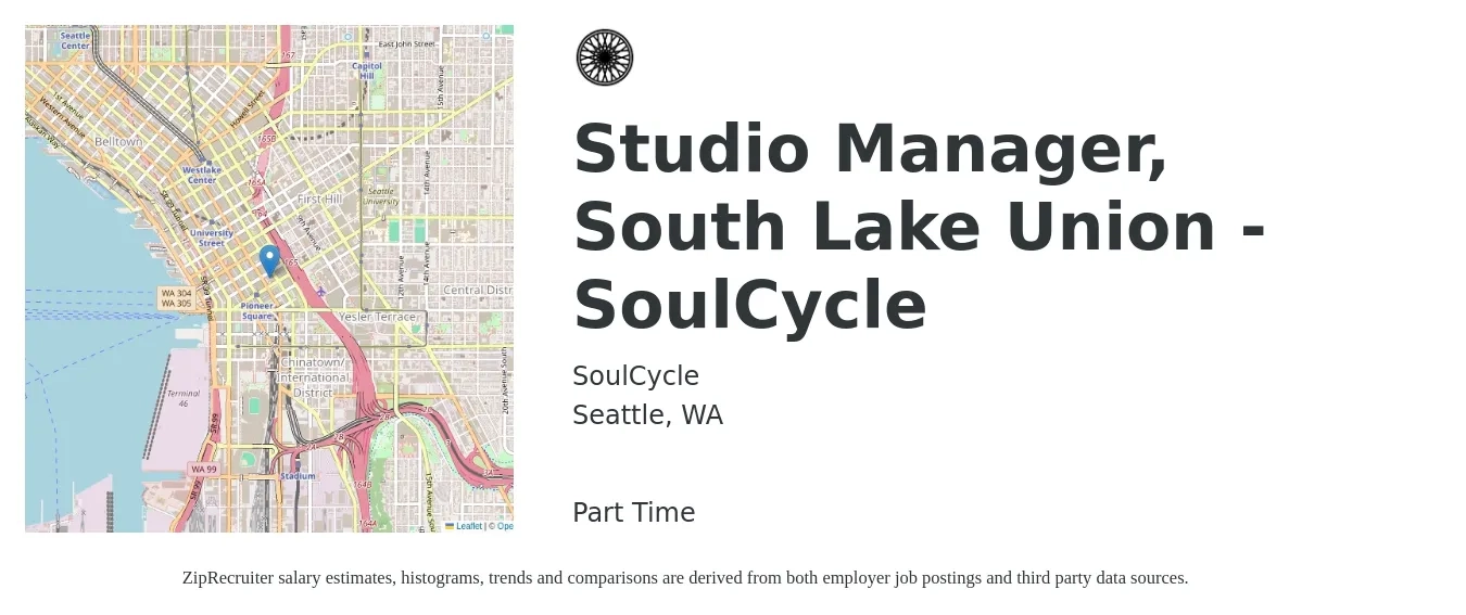 SoulCycle job posting for a Studio Manager, South Lake Union - SoulCycle in Seattle, WA with a salary of $47,800 to $68,300 Yearly with a map of Seattle location.