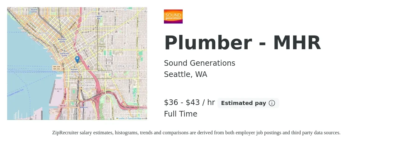 Sound Generations job posting for a Plumber - MHR in Seattle, WA with a salary of $38 to $45 Hourly with a map of Seattle location.