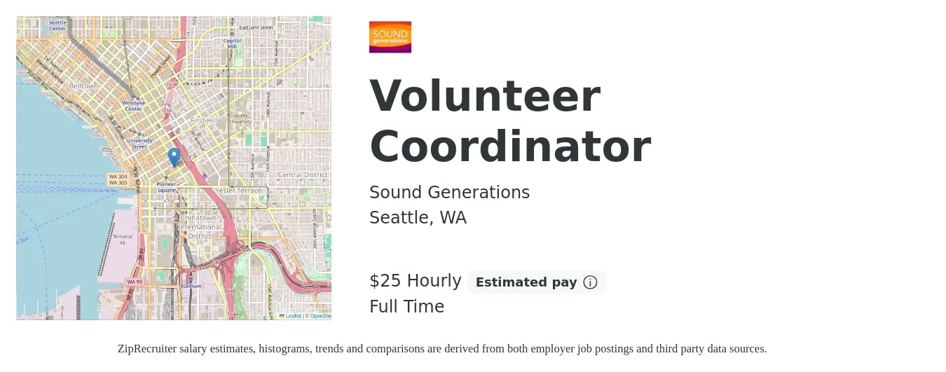 Sound Generations job posting for a Volunteer Coordinator in Seattle, WA with a salary of $27 Hourly with a map of Seattle location.