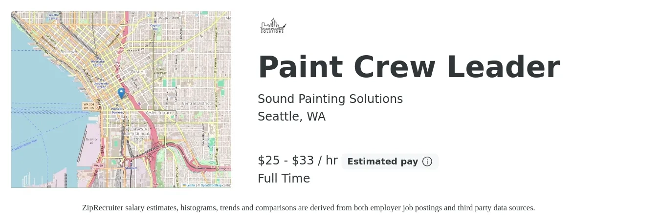 Sound Painting Solutions job posting for a Paint Crew Leader in Seattle, WA with a salary of $26 to $34 Hourly with a map of Seattle location.