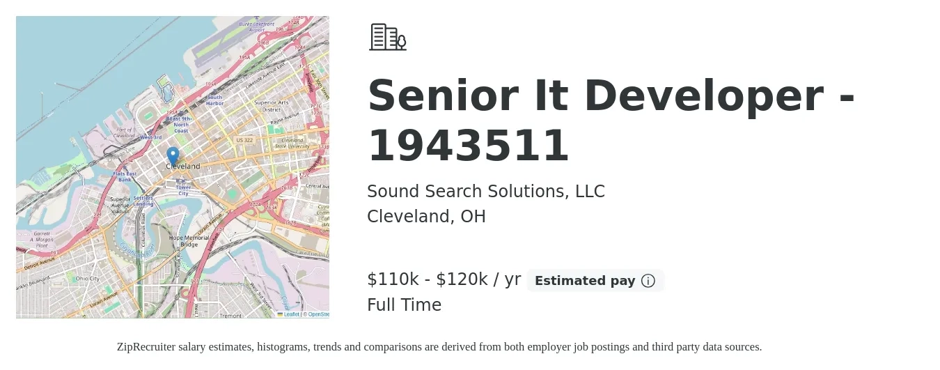 Sound Search Solutions, LLC job posting for a Senior IT Developer - 1943511 in Cleveland, OH with a salary of $110,000 to $120,000 Yearly with a map of Cleveland location.
