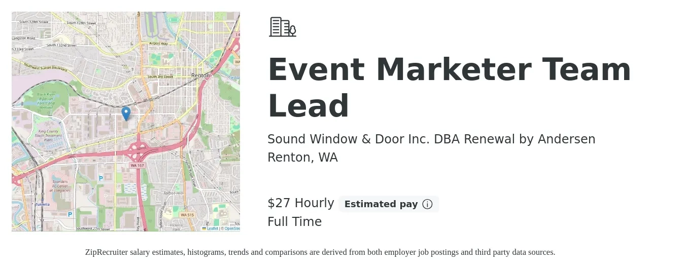 Sound Window & Door Inc. DBA Renewal by Andersen job posting for a Event Marketer Team Lead in Renton, WA with a salary of $29 Hourly with a map of Renton location.