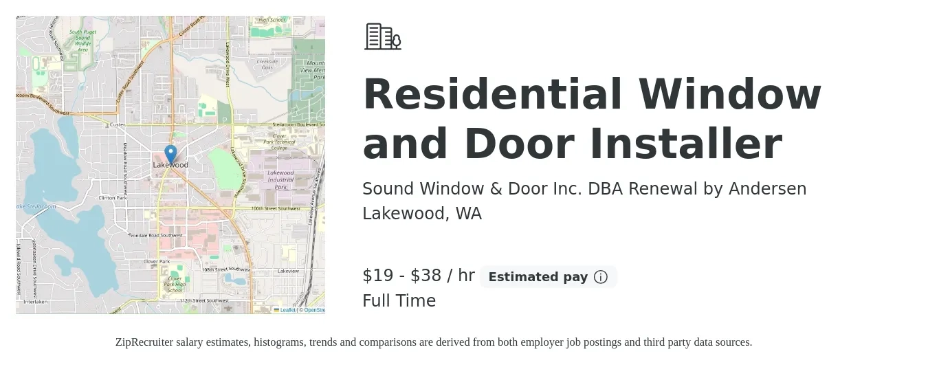 Sound Window & Door Inc. DBA Renewal by Andersen job posting for a Residential Window and Door Installer in Lakewood, WA with a salary of $20 to $40 Hourly with a map of Lakewood location.