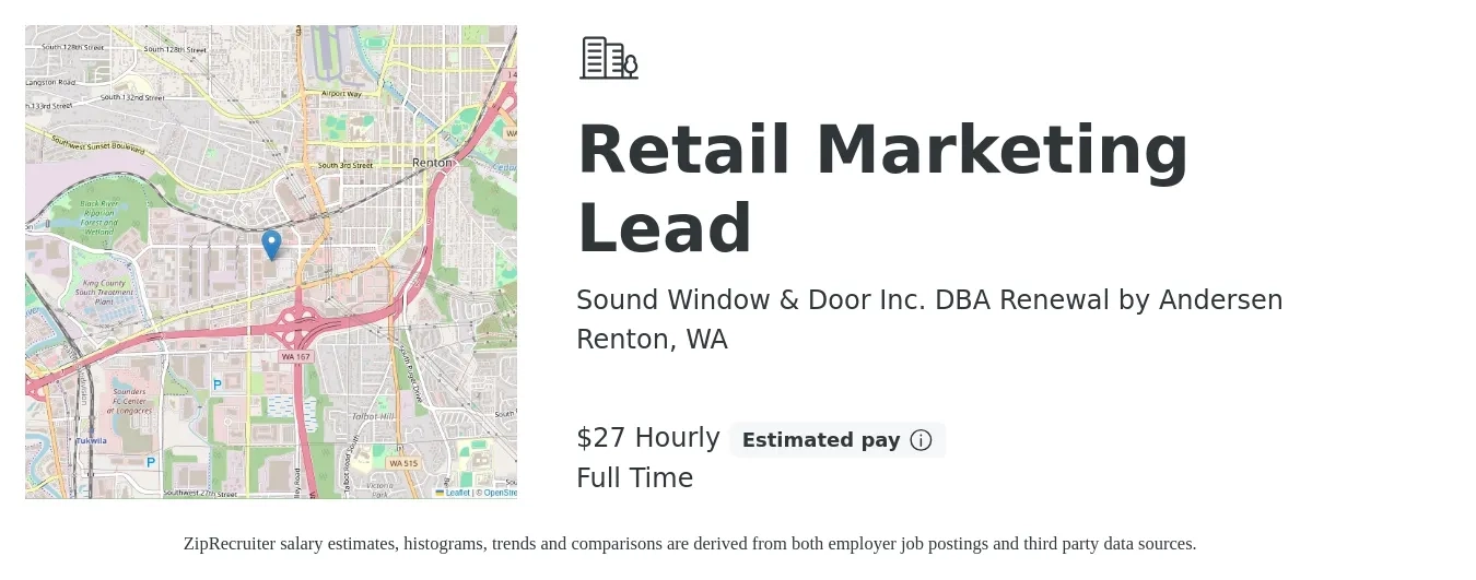 Sound Window & Door Inc. DBA Renewal by Andersen job posting for a Retail Marketing Lead in Renton, WA with a salary of $29 Hourly with a map of Renton location.