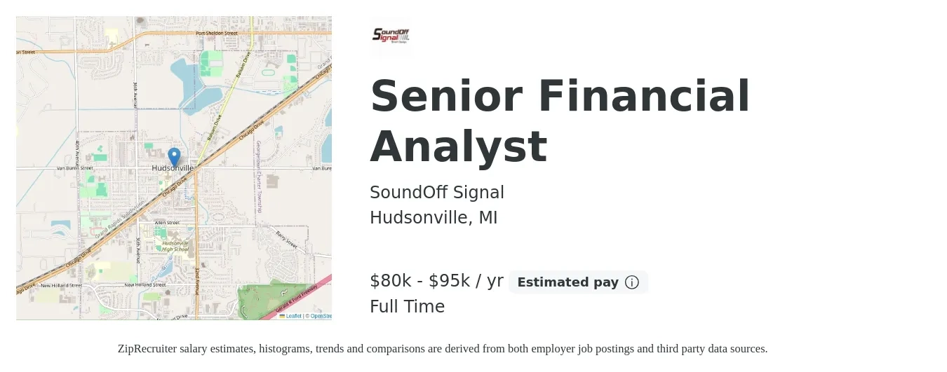 SoundOff Signal job posting for a Senior Financial Analyst in Hudsonville, MI with a salary of $80,100 to $99,800 Yearly with a map of Hudsonville location.