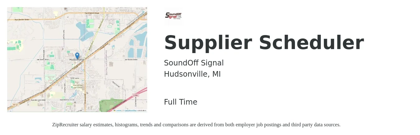 SoundOff Signal job posting for a Supplier Scheduler in Hudsonville, MI with a salary of $21 to $32 Hourly with a map of Hudsonville location.